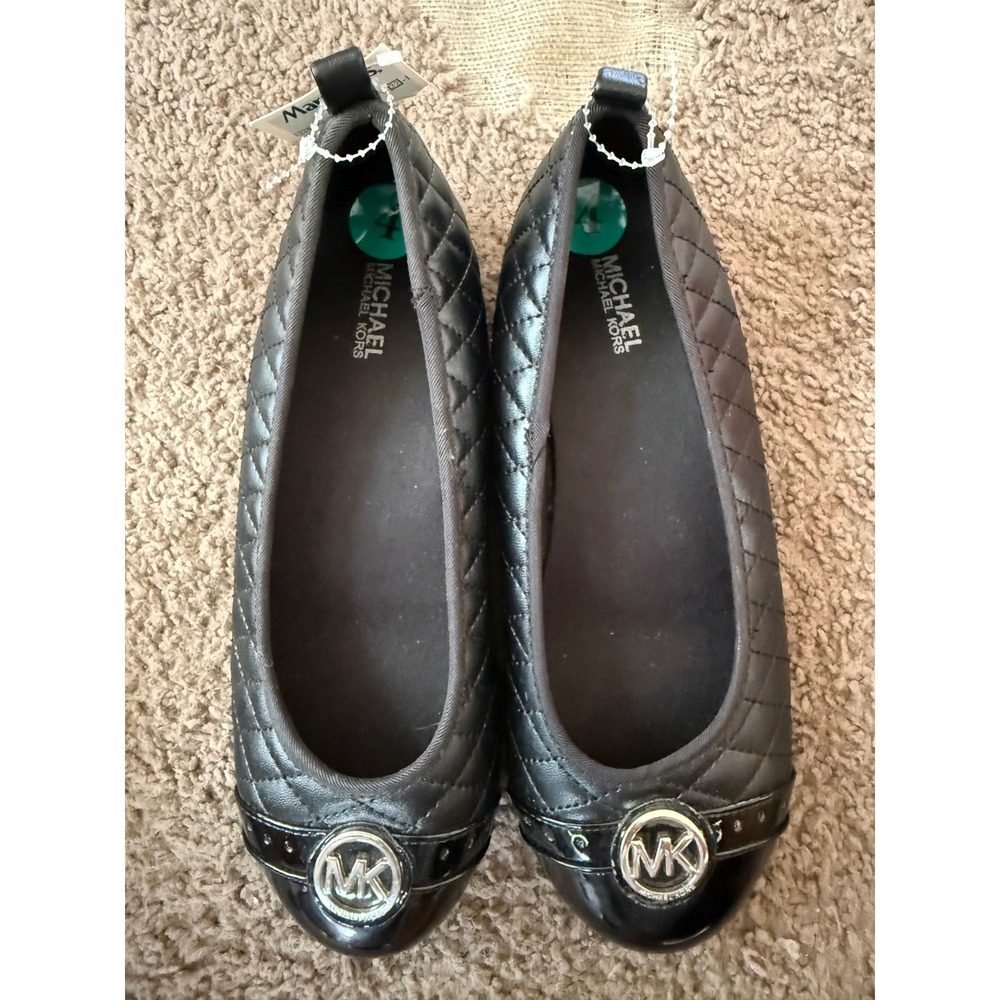 Michael Kors Mallory Girls Black Quilted Patent Ballet Size 4 NEW Holidays